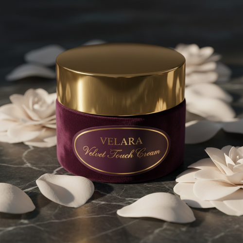 VELARA Velvet Touch Cream jar with gold lid surrounded by white flower petals on dark marble