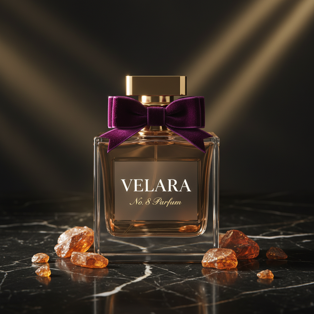 VELARA No. 8 Parfum bottle with gold collar and purple velvet ribbon