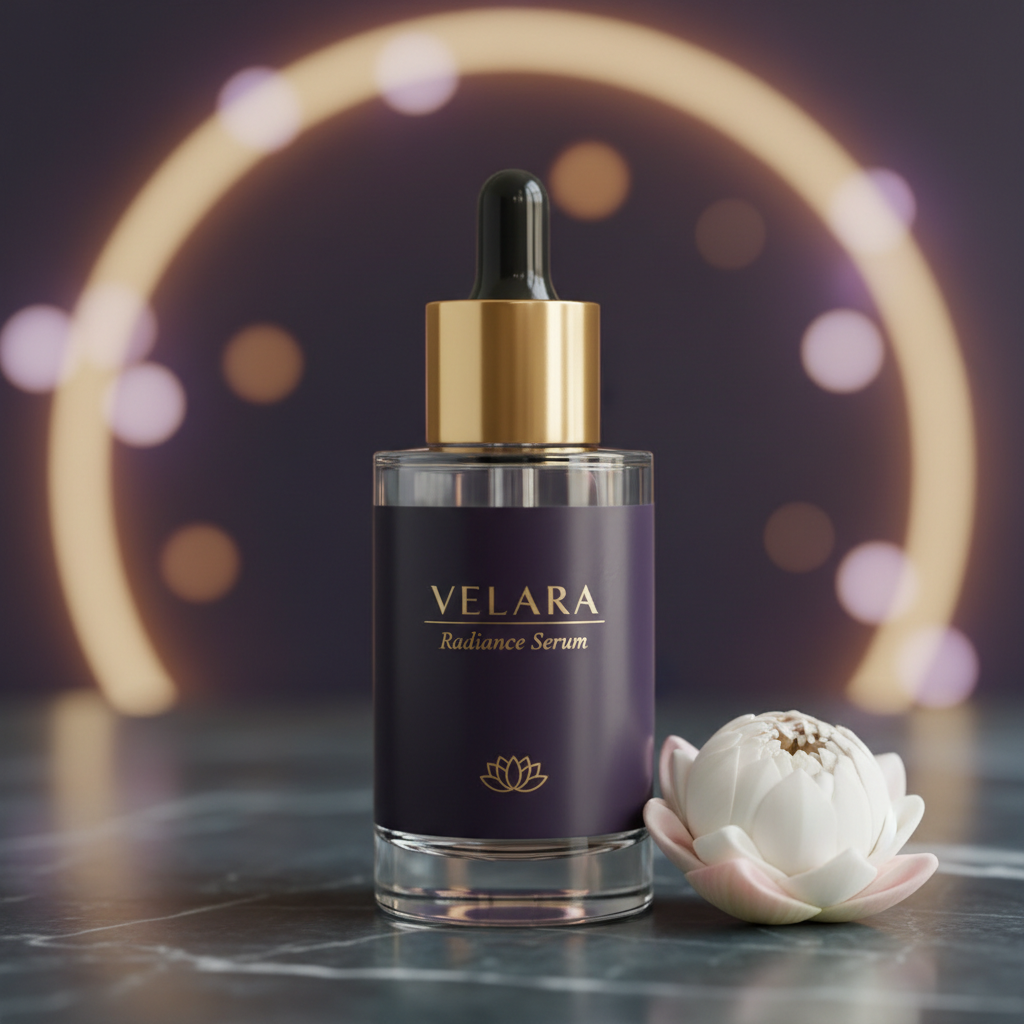 VELARA Radiance Serum bottle with gold dropper cap on dark marble surface