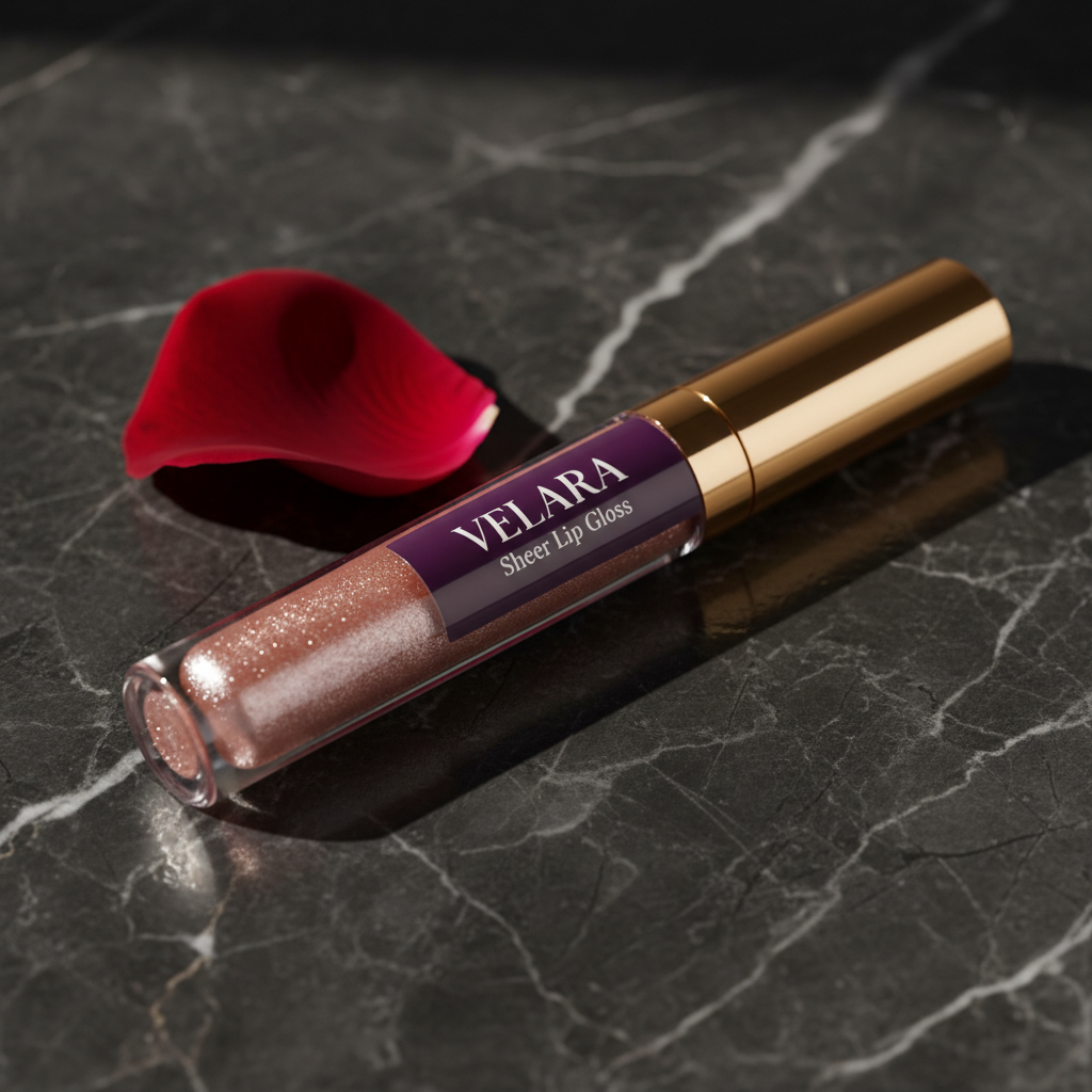VELARA Sheer Lip Gloss clear tube with gold cap and rose-gold shimmer on dark marble